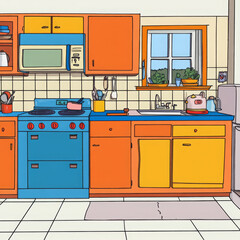 A wacky cartoon kitchen bursts with orange, blue, yellow, and red! A zany stove, funky fridge, and checkered floors complete the look