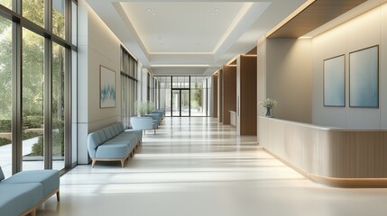 A brightly lit, modern hospital hallway with large panoramic windows, light gray walls