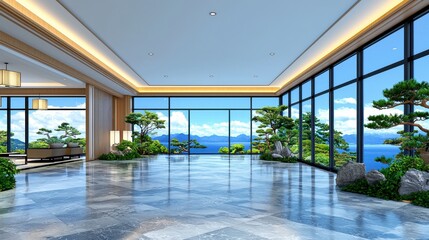 Obraz premium Modern Lobby Interior with Panoramic Mountain and Sea View