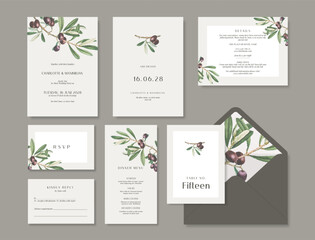 Beautiful and minimalist wedding suite template with a delicate olive branch illustration.