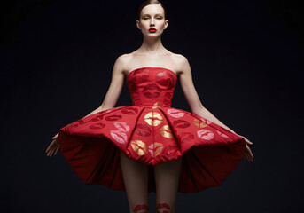 Red Dress with Lip Prints: A Captivating Fashion Portrait - International Kissing Day