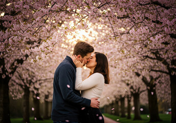 A couple shares a tender kiss under a canopy of blossoming cherry trees, bathed in the warm glow of the setting sun. The falling petals create a magical, romantic atmosphere. International Kissing Day