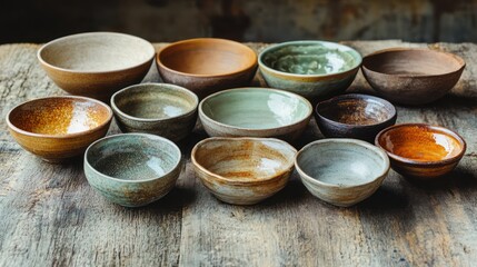 A collection of ceramic bowls with traditional wood-fired glazes, their surfaces showcasing natural variations in tone and texture due to