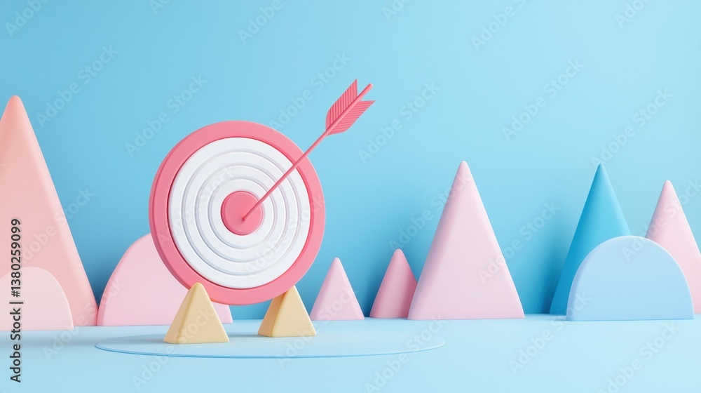 Poster a minimalist design featuring a pink target with an arrow, set against a soft blue background with p