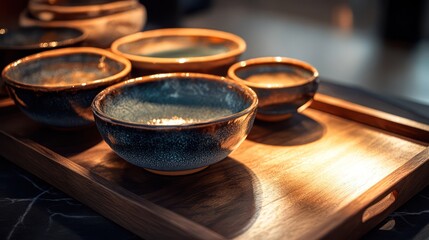 A collection of ceramic bowls with traditional salt-glazed surfaces, their unique textures highlighted by a warm, moody lighting setup, resting