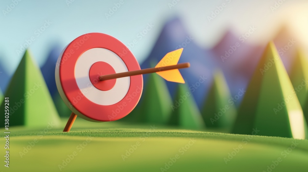 Poster a colorful dartboard with an arrow embedded in it, set against a scenic background of mountains and 