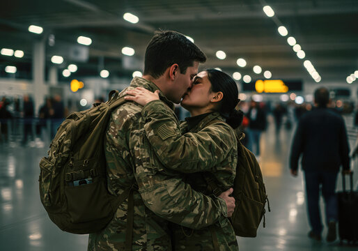 A Tender Embrace: Military Couple's Poignant Reunion at the Airport - International Kissing Day - Powered by Adobe
