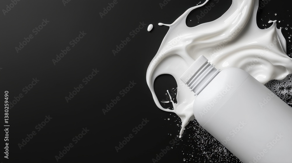 Poster white bottle splashing milk against black background with dynamic motion swirl.