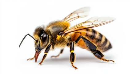 honey bee walking image white background macro shot clear and precise cutout realistic textures studio photography. Close up insect studio photo.