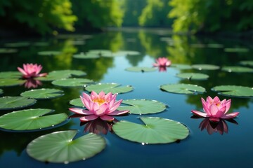 Water lilies forming a natural floral pattern across lake, beautiful, natural