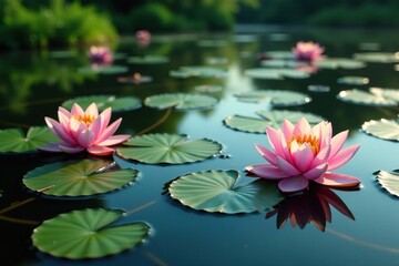 Water lilies forming a natural floral pattern across lake, surface, fresh