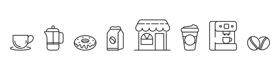 Set of coffee and tea cup icons, doughnut, beans, shop,  pack, coffee machine linear icons isolated on transparent background. 