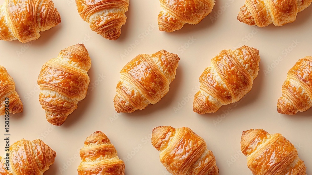Poster freshly baked croissants with golden brown crusts lay in a harmonious pattern on a minimal beige bac