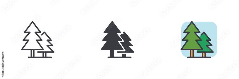 Poster Evergreen trees or spruce trees different style icon set.