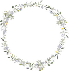 Fototapeta premium Elegant Floral Wreath Frame Delicate Flowers, Greenery, Botanical Design