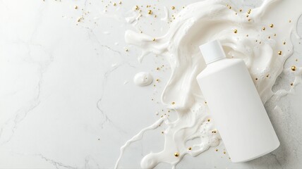 Obraz premium White cosmetic bottle with spilled cream and gold accents on marble background, minimalistic skincare concept.