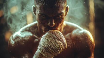 An extreme close-up photo of a professional fighter, capturing intense focus, determination, and raw strength. The concept of perseverance, discipline, and the spirit of combat sports. Generative AI.