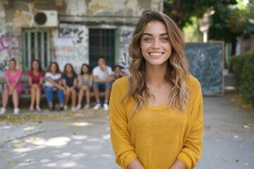 Fototapeta premium Young woman smiles confidently in bright yellow sweater among friends in a graffiti-covered courtyard during a sunny day