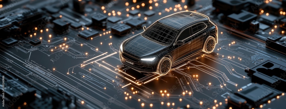 Poster a sleek futuristic car is positioned above a luminous ai circuit board, enveloped in vibrant data an