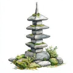Minimalist stone pagoda sculpture graced by tranquility in a serene Japanese Zen garden setting