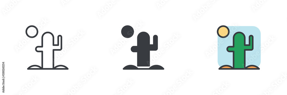 Aufkleber cactus in a desert landscape with a cloud and a sun different style icon set