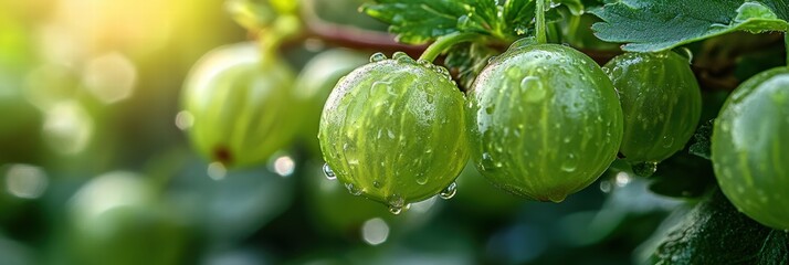 Juicy Green Gooseberries on the Branch with Dew Drops in Sunlight