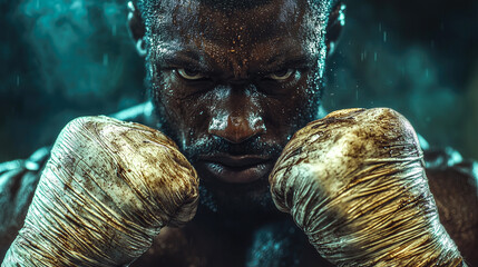 An extreme close-up photo of a professional fighter, capturing intense focus, determination, and raw strength. The concept of perseverance, discipline, and the spirit of combat sports. Generative AI.