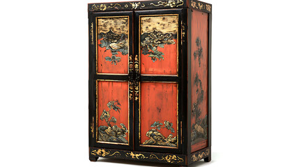 A red and black cabinet with Asian designs