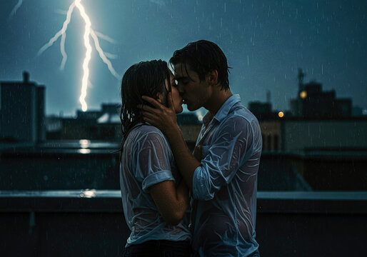 A couple's passionate kiss under a stormy night sky on a rooftop. Romance, rain, and a lightning strike create a dramatic and unforgettable moment. - International Kissing Day - Powered by Adobe