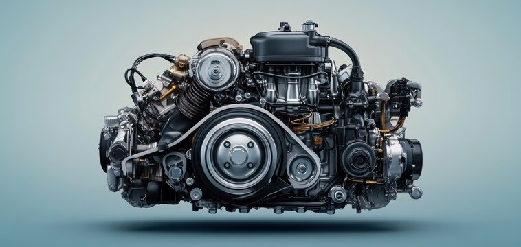 Photorealistic Diesel Engine Detailed Industrial Design Car Motor Isolated on Light Blue Background