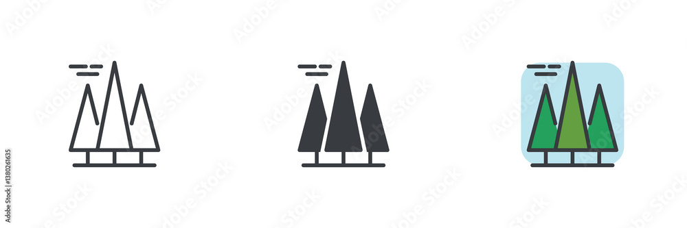 Poster Evergreen trees in a windy environment different style icon set