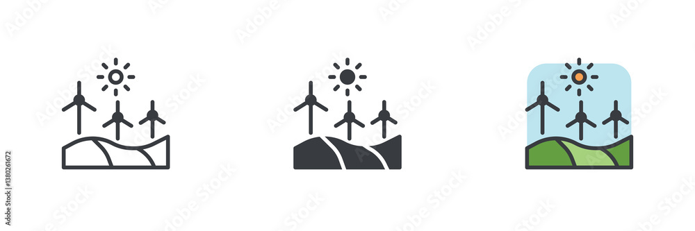 Poster landscape with wind turbines and a sun different style icon set