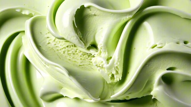 Close-up of creamy pistachio ice cream texture, featuring chocolate chips and smooth peaks, perfect for summer dessert concepts