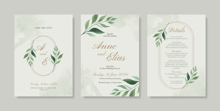 Minimalist wedding invitation with greenery leaf illustrations