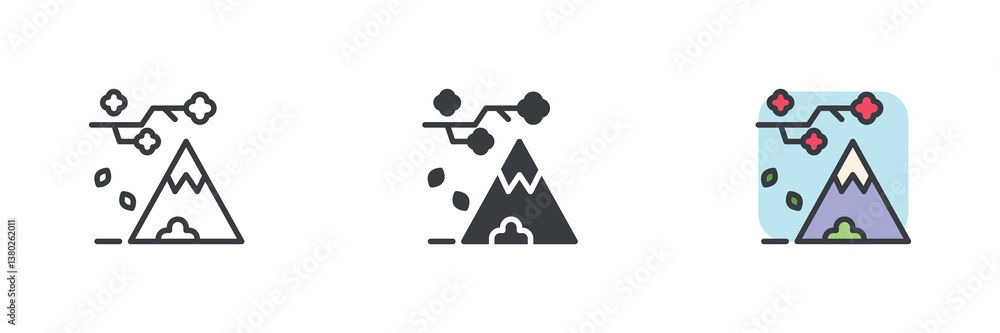 Poster mountain landscape with a flowering branch different style icon set