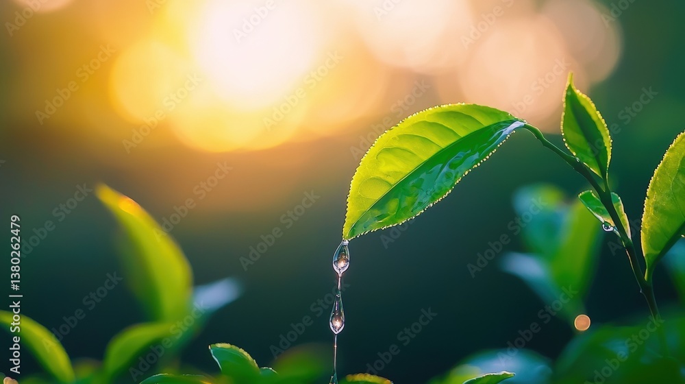 Poster a close-up of a green leaf with water droplets, illuminated by soft sunlight, creating a serene and 