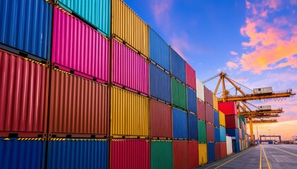 Fototapeta premium Stacked multicolored containers at a port photographed with a wide angle lens during daylight highlighting international trade and logistics operations ideal for marketing use. Colorful