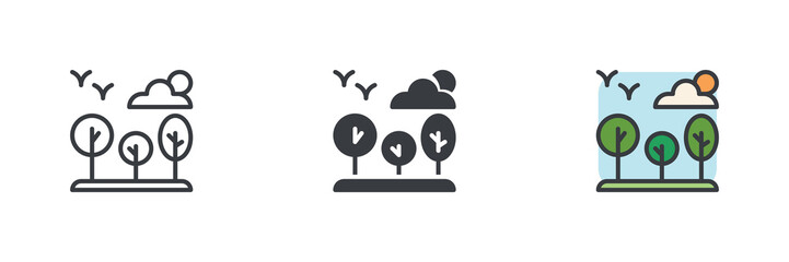 The trees, birds, cloud and sun different style icon set