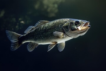 A detailed portrait captures a freshwater fish swimming underwater with open mouth
