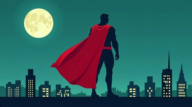 Silhouetted superhero with flowing red cape stands vigilant against night sky, full moon illuminating city skyline. Slow motion minimalist composition. Symbol for protection in comic book style.
