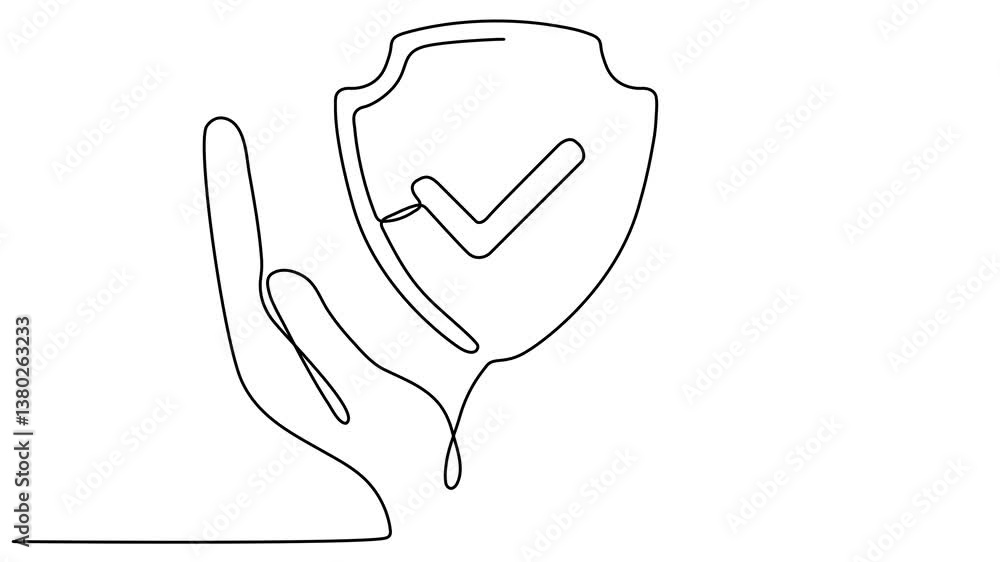 Poster hands hold shield badge with checkmark continuous line animated video. guard symbol animation.