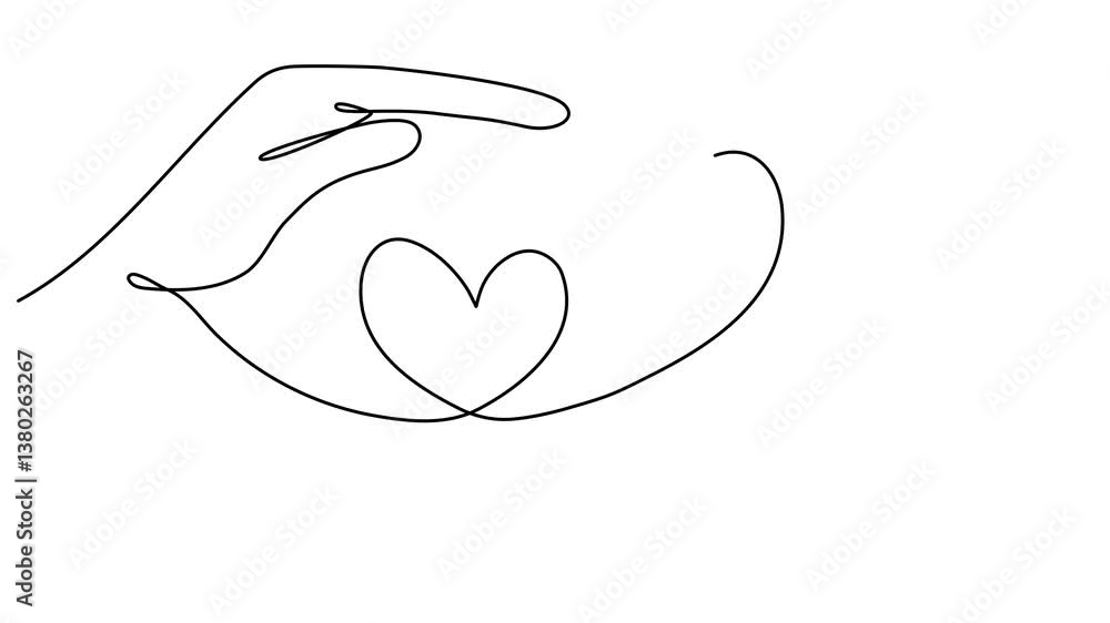 Poster hands holding heart shape continuous one line drawing animation video. charity donation linear conce