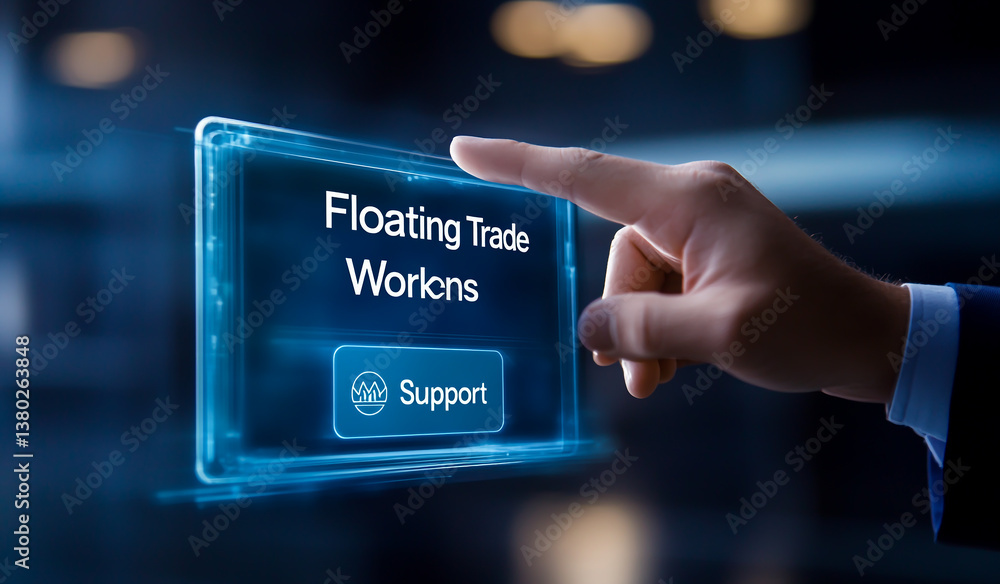 Poster businessman touching a virtual screen with the words floating trade unions and a button with the tex