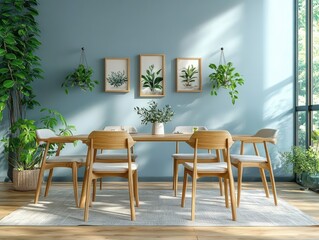 Obraz premium Minimalistic Cozy Scandinavian Dining Room with Light Blue Walls and Wooden Furniture