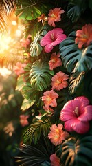  Lush Tropical Foliage with Vibrant Pink Hibiscus Flowers in Sunlight