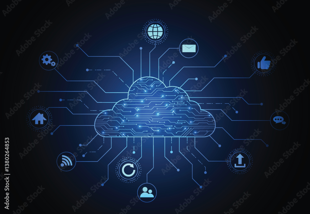 Poster cloud networking computing connection with internet icons concept circuit design. digital data trans