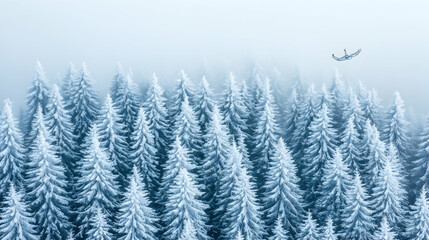 Obraz premium Snow-covered forest aerial view, paraglider
