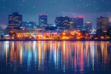 Fototapeta premium Vibrant Nighttime Cityscape of Evansville Indiana Skyline Reflected on Ohio River