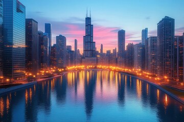 Naklejka premium Chicago Skyline Cityscape at Blue Hour Over the River