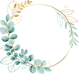 Elegant Golden Circle Frame with Watercolor Eucalyptus Leaves